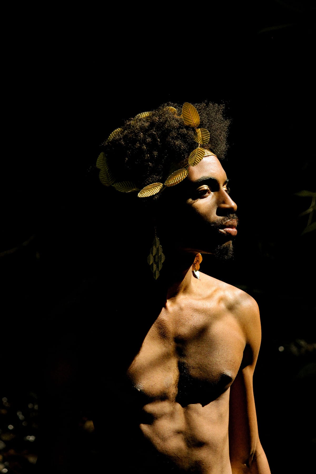 Profile portrait lit by a single hard light, gold laurel leaves set into the subject's hair, deep black background